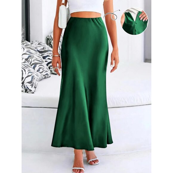 Elegant Satin Maxi Skirt for Women High Waisted Deep Green Silk Dressy Casul - Picture 2 of 7